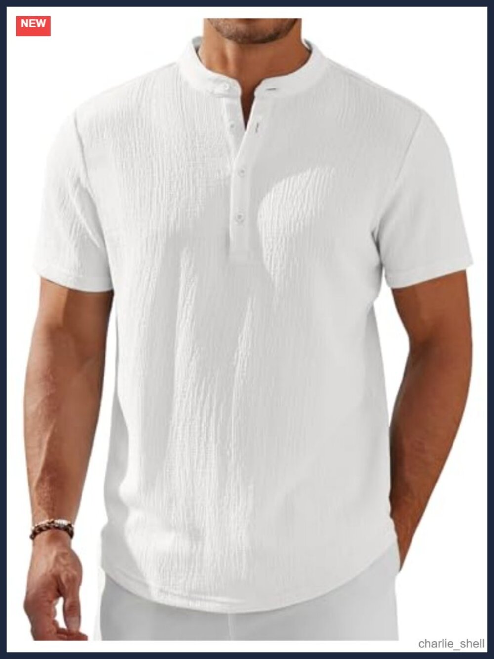 Men's Henley Shirt Short Sleeve Stand Collar Textured Casual